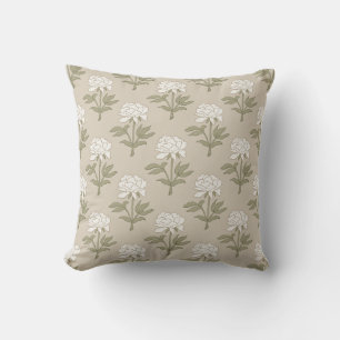 Peony Floral Block Print Vintage Mushroom Beige Throw Pillow