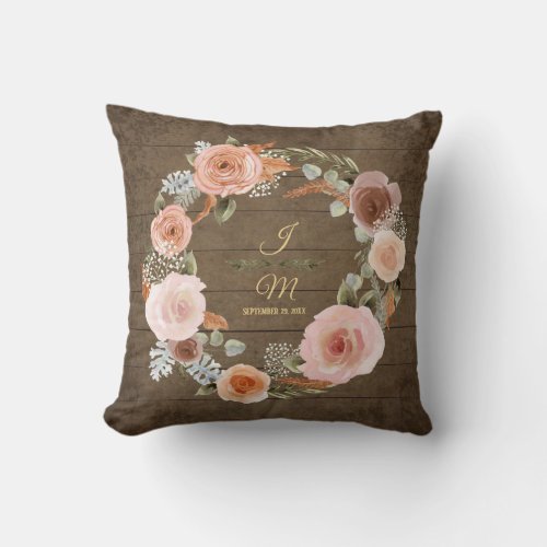Peony Floral Blush Foliage Watercolor Rustic Wood Throw Pillow