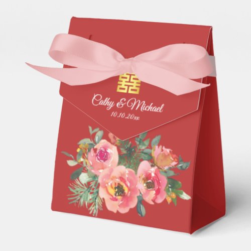 Peony floral double happiness Chinese wedding red Favor Boxes