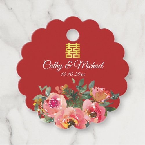 Peony floral double happiness Chinese wedding red  Favor Tags