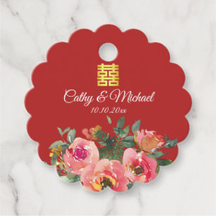 Peony floral double happiness Chinese wedding red Favor Tags