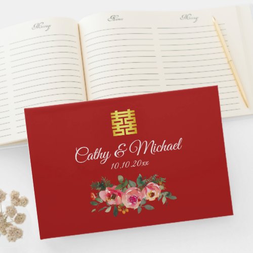 Peony floral double happiness Chinese wedding red  Guest Book