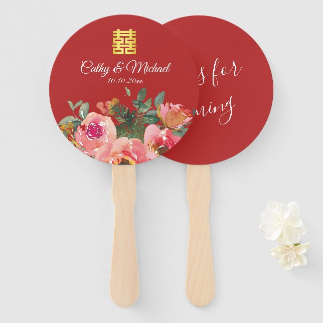 Peony floral double happiness Chinese wedding red Hand Fan (Front and Back)