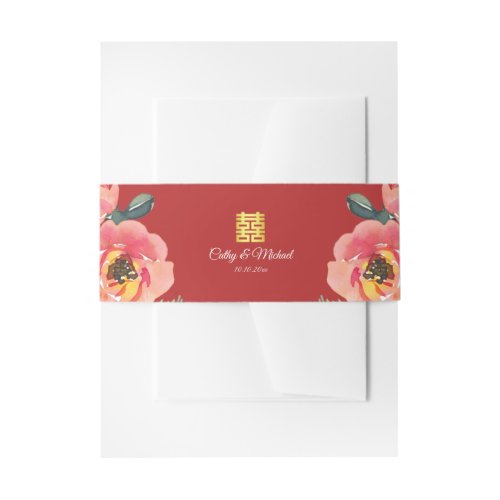 Peony floral double happiness Chinese wedding red Invitation Belly Band