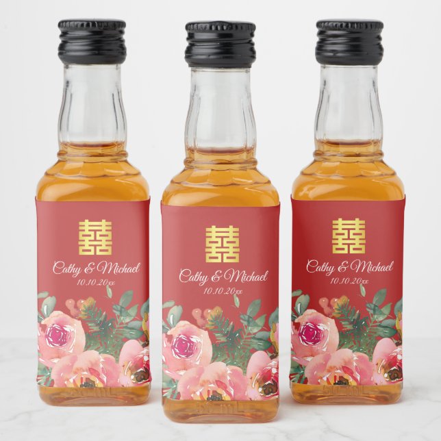 Peony floral double happiness Chinese wedding red Liquor Bottle Label (Bottles)