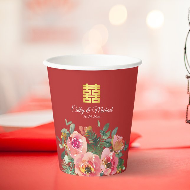 Peony floral double happiness Chinese wedding red Paper Cups (Creator Uploaded)