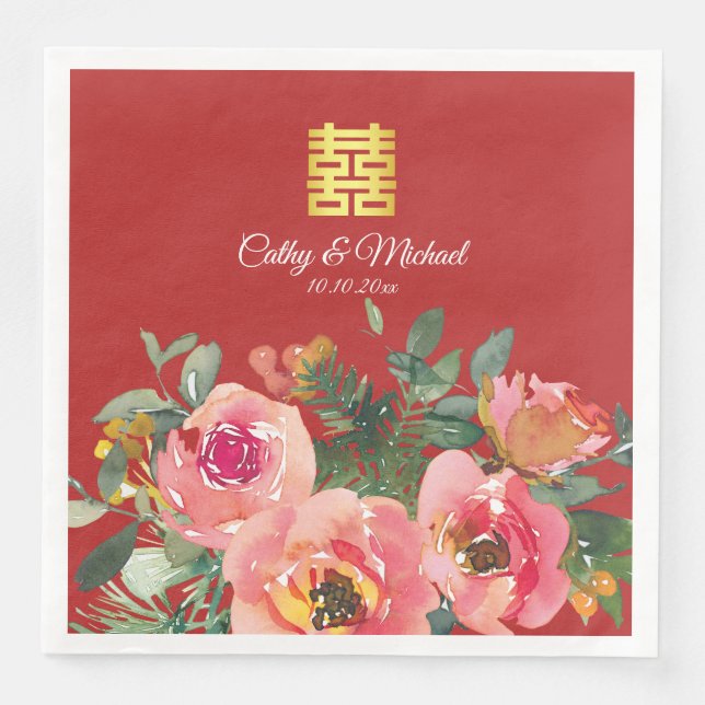 Peony floral double happiness Chinese wedding red  Paper Dinner Napkins (Front)
