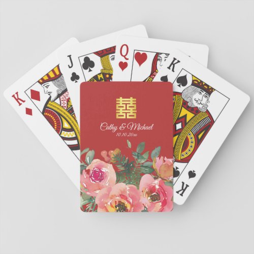 Peony floral double happiness Chinese wedding red Poker Cards