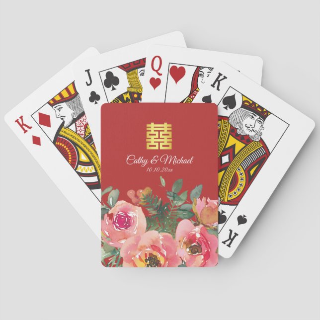 Peony floral double happiness Chinese wedding red Poker Cards (Back)