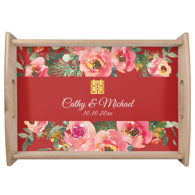 Peony floral double happiness Chinese wedding red  Serving Tray (Front)