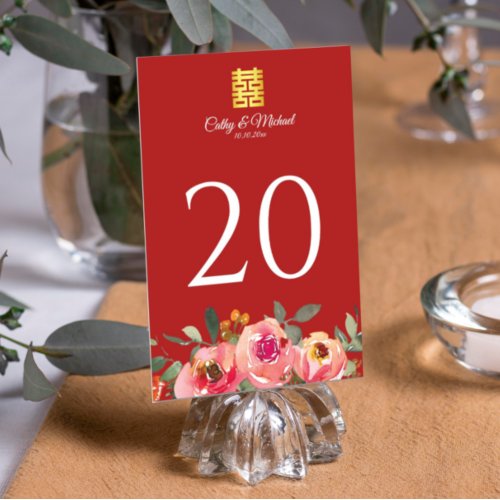 Peony floral double happiness Chinese wedding red  Table Number