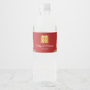 Peony floral double happiness Chinese wedding red Water Bottle Label