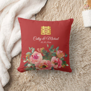 Peony floral double happiness Chinese wedding Throw Pillow