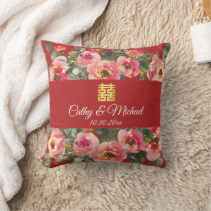 Peony floral double happiness tea ceremony red throw pillow