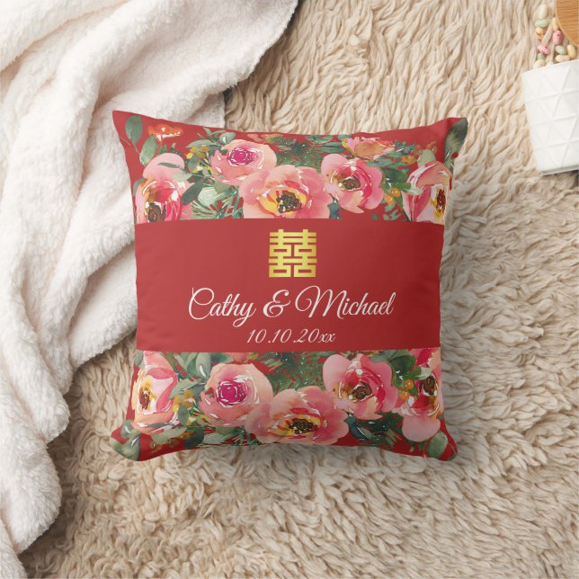 Peony floral double happiness tea ceremony red throw pillow (Blanket)