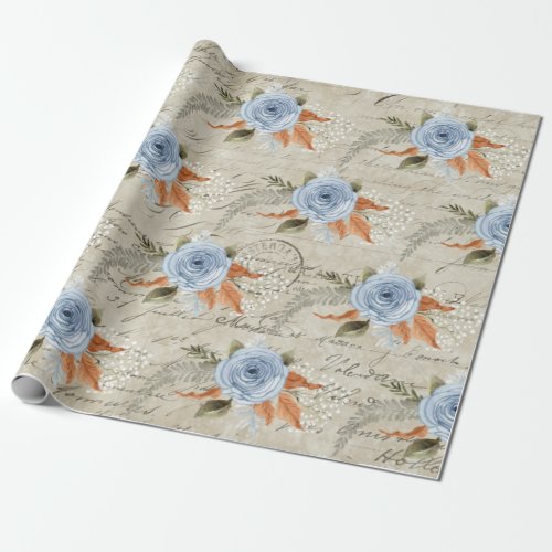 Peony Floral Dusty Blue Vintage Script Ephemera Wrapping Paper
