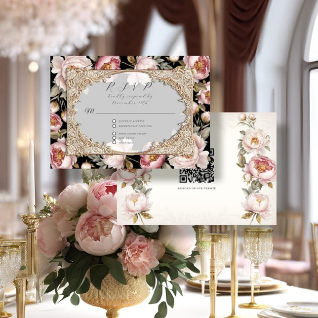 Peony Floral Elegant Gold Pink and Black Wedding RSVP Card (Creator Uploaded)