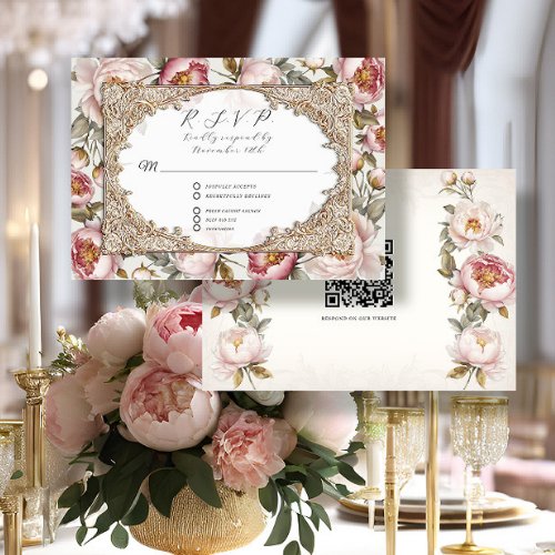 Peony Floral Elegant Gold Pink and Ivory Wedding RSVP Card