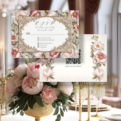 Peony Floral Elegant Gold Pink and Sage Wedding RSVP Card