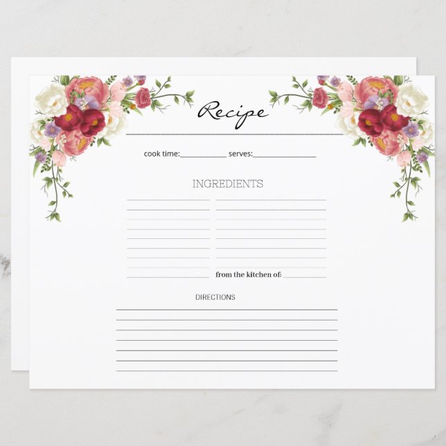 Peony Floral Flower Kitchen Recipe Sheet  (Front/Back)