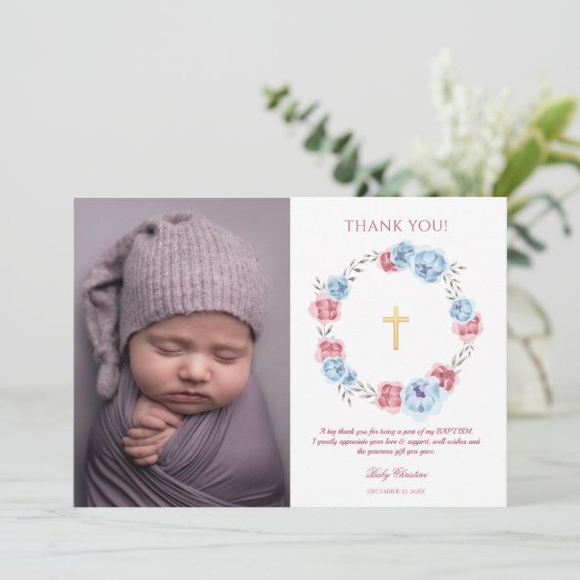 Peony Floral Girl Boy Baptism Thank You Card (Standing Front)
