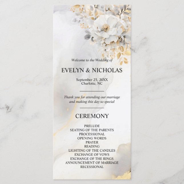Peony Floral Gold Grey Silver Ceremony Program (Front)