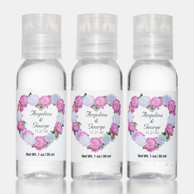 Peony Floral Heart Wreath Wedding Favor Hand Sanitizer (Set)