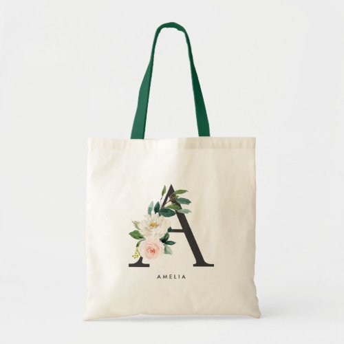 Peony Floral Letter A Black Monogram Bridesmaid Tote Bag