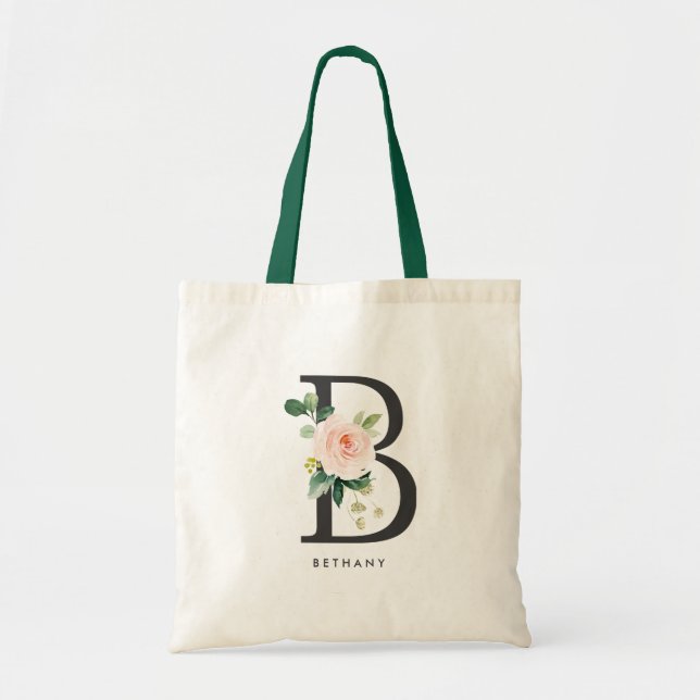 Peony Floral Letter B Black Monogram Bridesmaid Tote Bag (Front)