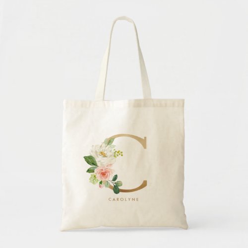 Peony Floral Letter C Gold Monogram Bridesmaid Tote Bag