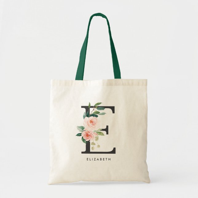 Peony Floral Letter E Black Monogram Bridesmaid Tote Bag (Front)