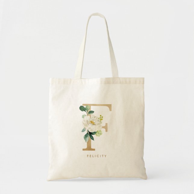 Peony Floral Letter F Gold Monogram Bridesmaid Tote Bag (Front)