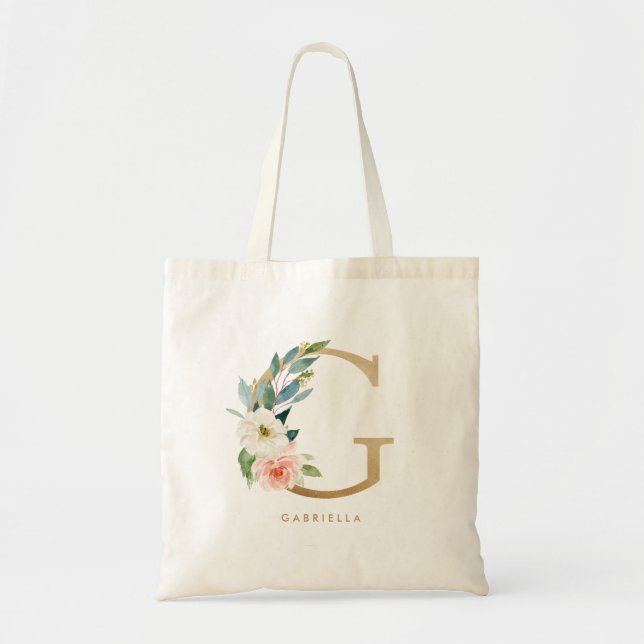 Peony Floral Letter G Gold Monogram Bridesmaid Tote Bag (Front)