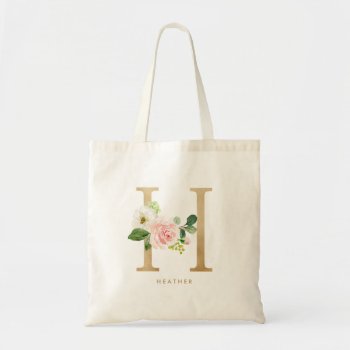 Peony Floral Letter H Gold Monogram Bridesmaid Tote Bag by KeikoPrints at Zazzle