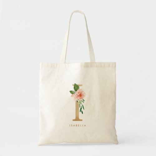 Peony Floral Letter I Gold Monogram Bridesmaid Tote Bag