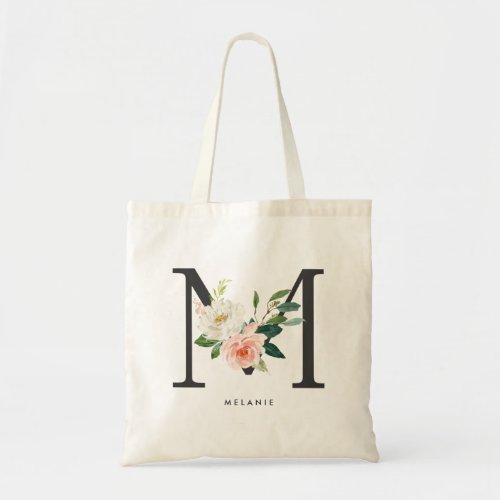 Peony Floral Letter M Black Monogram Bridesmaid Tote Bag