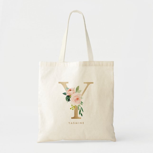 Peony Floral Letter Y Gold Monogram Bridesmaid Tote Bag (Front)