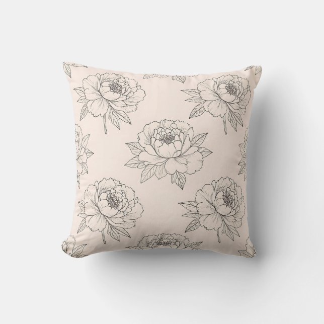 Peony Floral Line Art Pattern Soft Throw Pillow (Front)