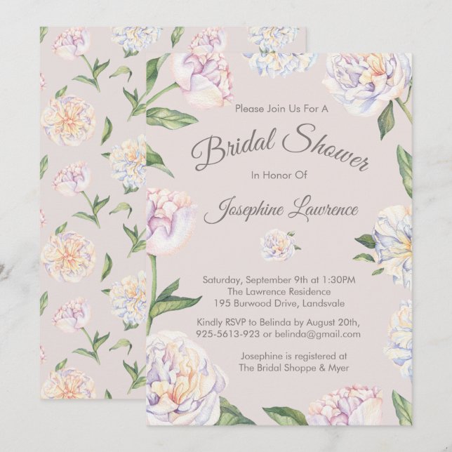 Peony Floral Mauve Bridal Shower Invitations (Front/Back)