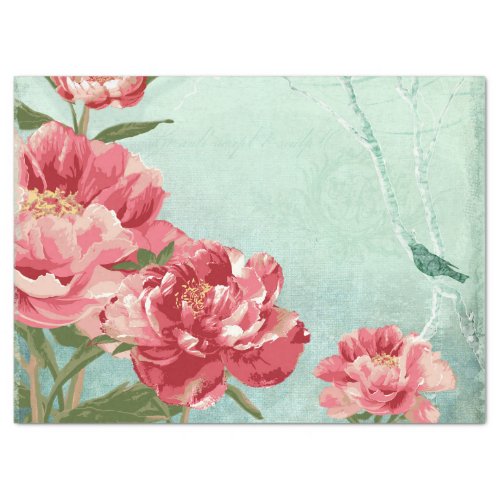 Peony Floral Mint Pink Burgundy Retro Chintz Bird Tissue Paper