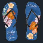 Peony Floral Mother of the Groom Blue Wedding  Flip Flops<br><div class="desc">This desirable pair of flip flops features retro aesthetic pattern of beautiful peony flowers on the blue background, and changeable typography "Mother of the groom". These personalized and elegant flip flops are a memorable gift for wedding party members: bride, bridesmaids, mother of the bride, maid of honor... They will add...</div>