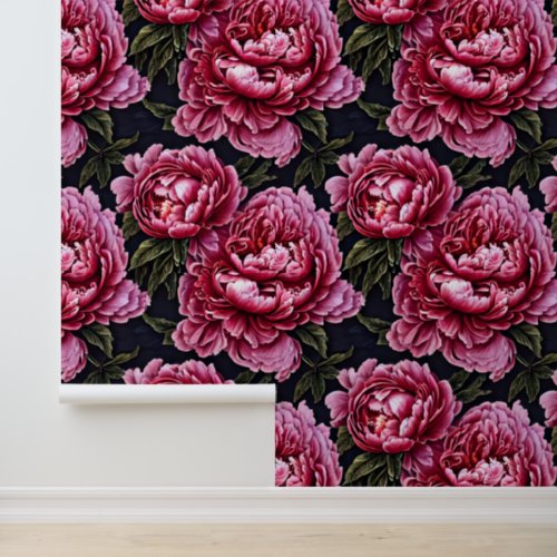 Peony floral mural country flowers pink black wallpaper 