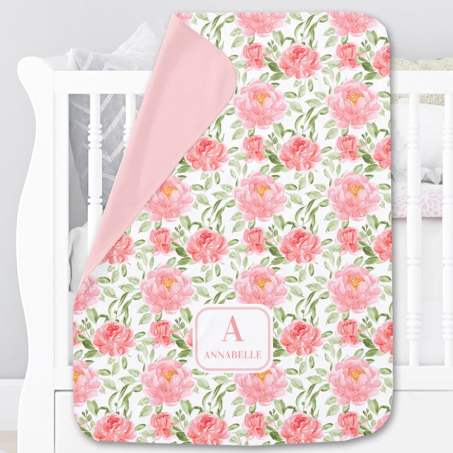 Peony Floral Pattern Personalized Name Spring Baby Blanket (Peony Floral Pattern Personalized Name Spring Baby Blanket)