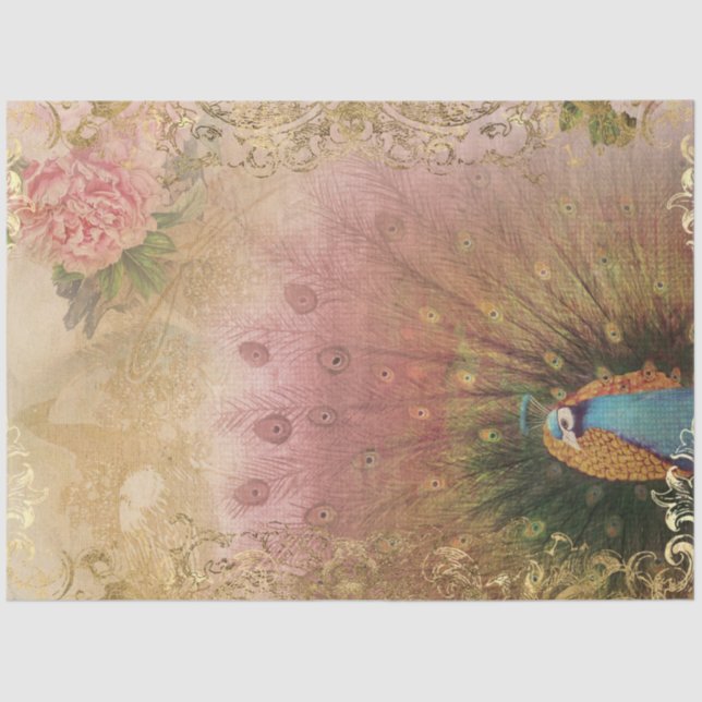 Peony Floral Peacock Blush Pink Gold Decoupage Tissue Paper (Front)