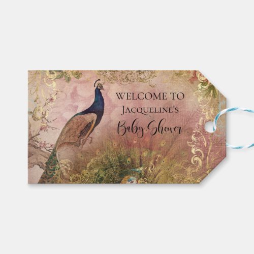  Peony Floral Peacock ChinoiserieBaby Girl Shower Gift Tags