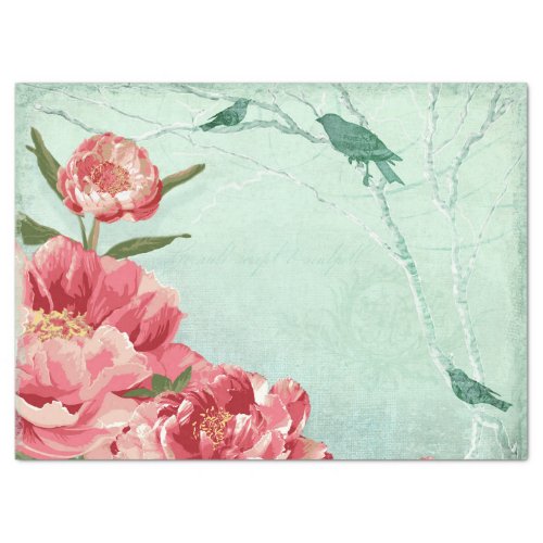 Peony Floral Pink Red Burgundy Chintz Bird in Tree Tissue Paper