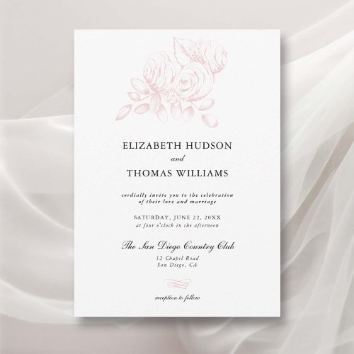 Peony Floral Sketch Formal Modern Classic Wedding Invitation