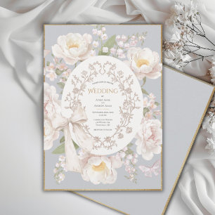 Peony Floral Vintage Elegant Gray Wedding Invitation