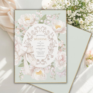 Peony Floral Vintage Elegant Green Wedding Invitation
