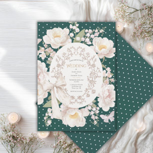 Peony Floral Vintage Elegant Hunter Green Wedding Invitation